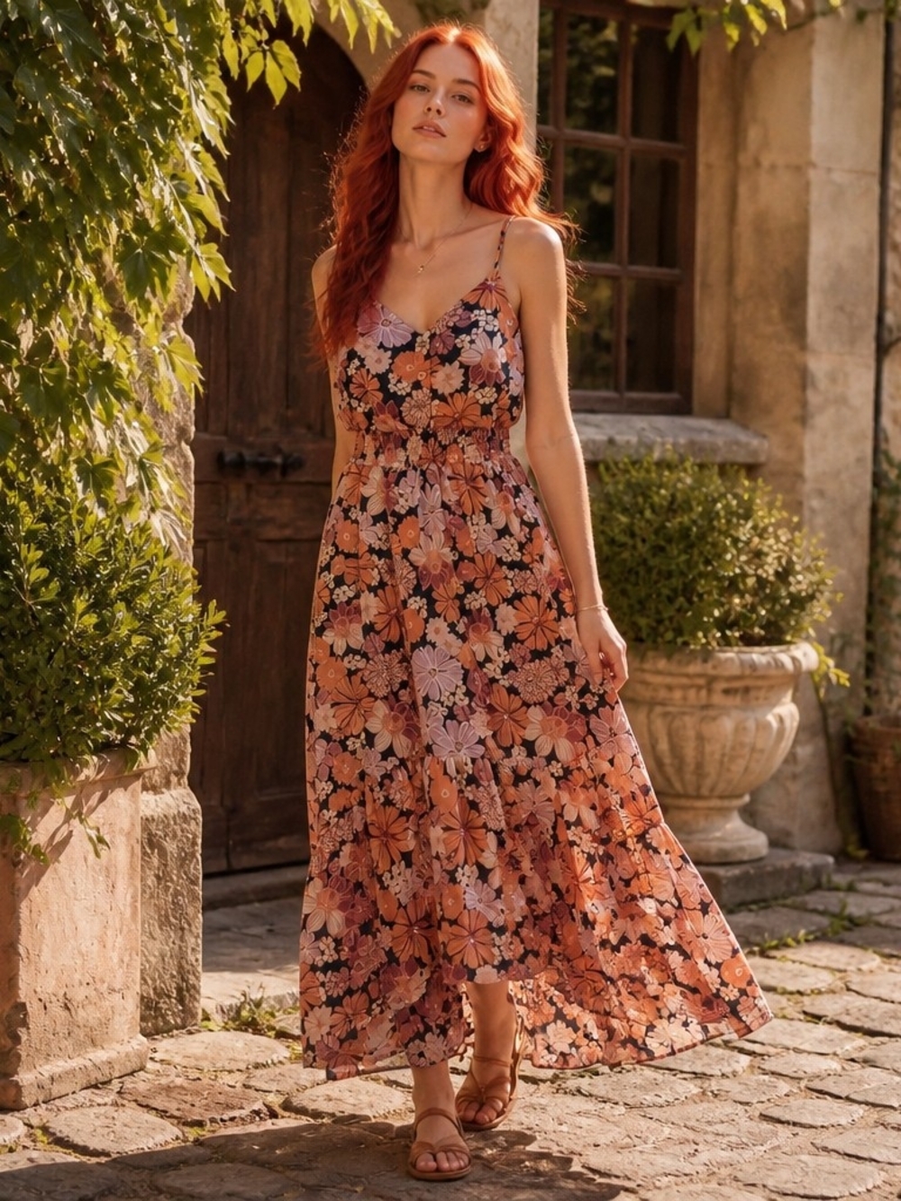 Liberty Love Rust Floral Spaghetti-Strap Maxi Dress
